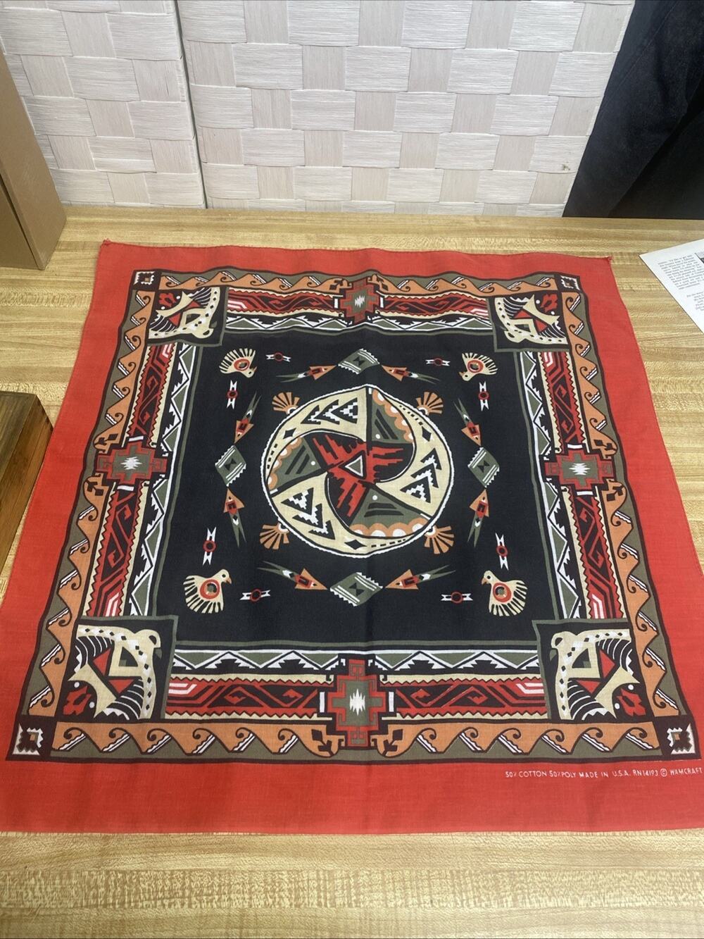 Vintage Wamcraft Red Southwest Native American 21.5” Square Bandana Made In USA